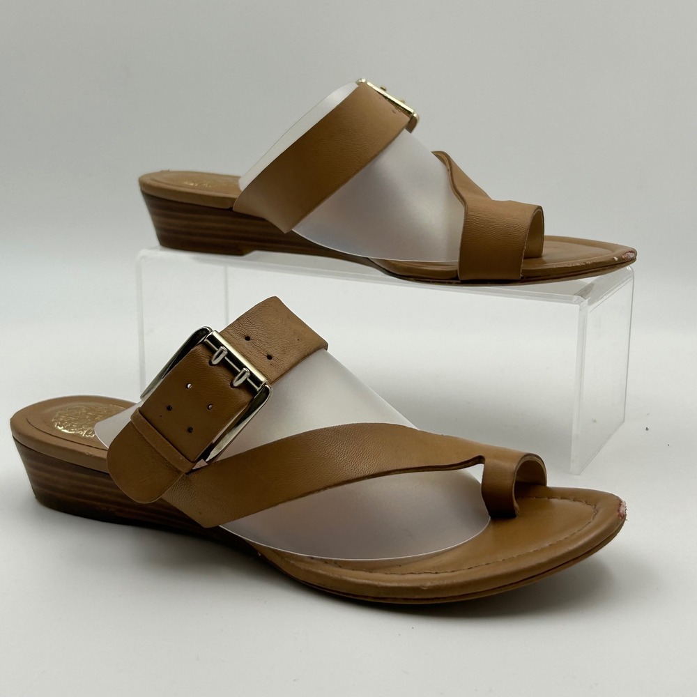 Vince Camuto Ilisha Sandals Womens 6 Brown Leather Buckle Wedge Minimalist Chic